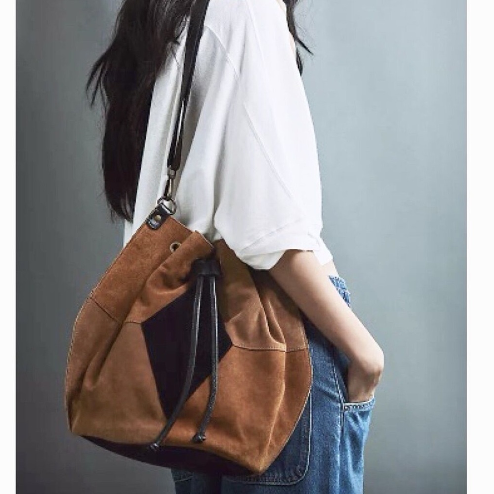 Free People Tovey Suede Bucket Bag Detachable Shoulder Strap Leather Cog…